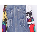 [TWOTWINSLTYLE] Spring Graffiti Print Spliced Ripped Pockets Long Sleeve Denim Trench Coat For Women New Clothing Streetwear