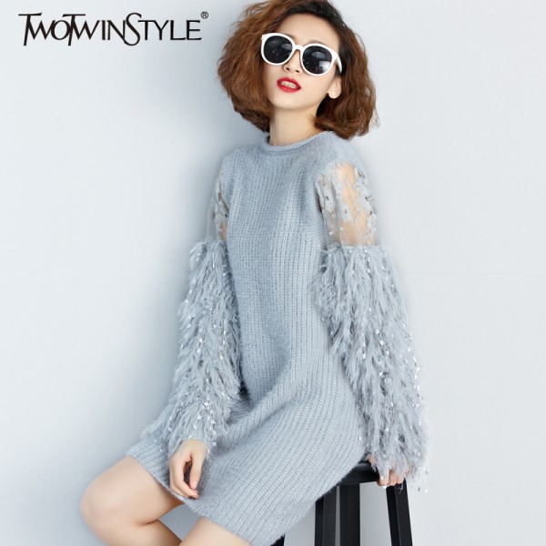 [TWOTWINSTYLE] 2017 Autumn Winter Fur Spliced Long Sleeves Knitted Sweaters Dress Women New Fashion Clothing Pullovers Gray