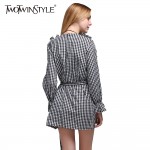 TWOTWINSTYLE 2017 Spring Women Plaid Mini Dress Long Sleeve Flare Cuff Bandage Lace Up Ruffle Short Dresses Casual Tunic Blouse