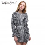 TWOTWINSTYLE 2017 Spring Women Plaid Mini Dress Long Sleeve Flare Cuff Bandage Lace Up Ruffle Short Dresses Casual Tunic Blouse