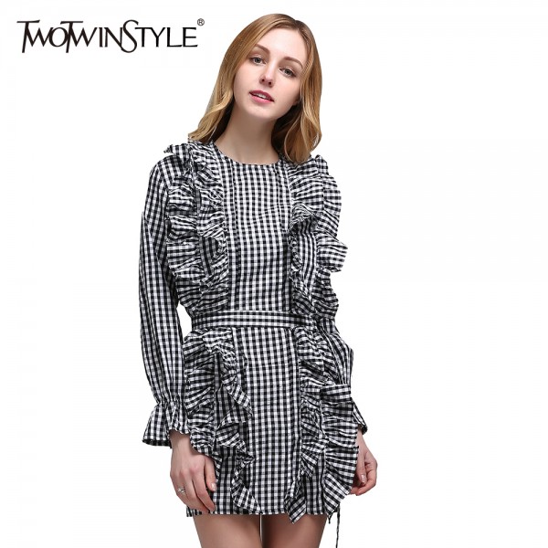 TWOTWINSTYLE 2017 Spring Women Plaid Mini Dress Long Sleeve Flare Cuff Bandage Lace Up Ruffle Short Dresses Casual Tunic Blouse