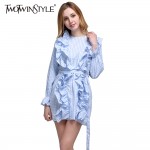 TWOTWINSTYLE 2017 Spring Women Plaid Mini Dress Long Sleeve Flare Cuff Bandage Lace Up Ruffle Short Dresses Casual Tunic Blouse