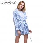 TWOTWINSTYLE 2017 Spring Women Plaid Mini Dress Long Sleeve Flare Cuff Bandage Lace Up Ruffle Short Dresses Casual Tunic Blouse