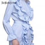 TWOTWINSTYLE 2017 Spring Women Plaid Mini Dress Long Sleeve Flare Cuff Bandage Lace Up Ruffle Short Dresses Casual Tunic Blouse