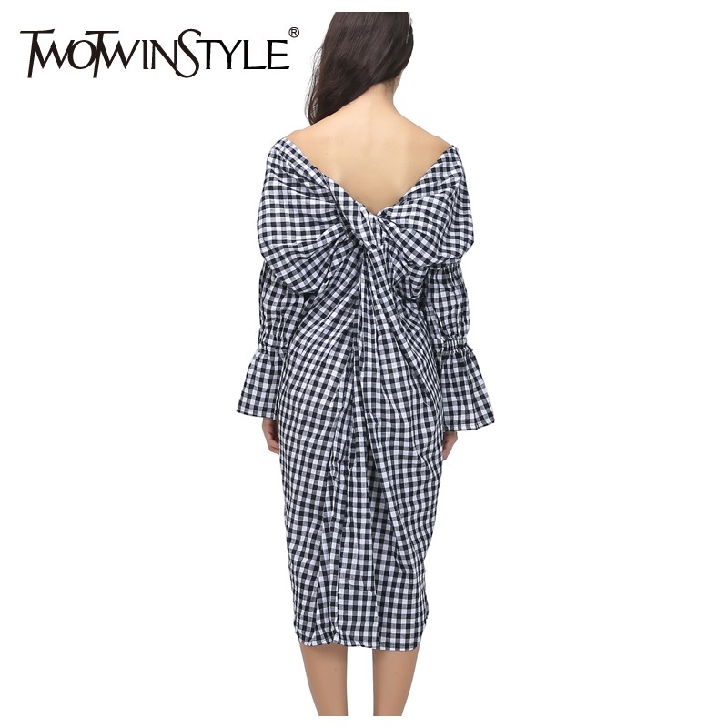 Twotwinstyle 2017 Summer V Neck Back Knot Long Sex Dress Women Plaid Clothing New Fashion 2644