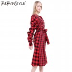 TWOTWINSTYLE 2017 Women Lace up Plaid Midi Wrap Dresses Sexy V Neck Long Puff Sleeve Asymmetrical Hem Female Clothes New