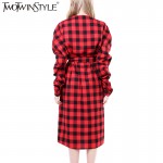 TWOTWINSTYLE 2017 Women Lace up Plaid Midi Wrap Dresses Sexy V Neck Long Puff Sleeve Asymmetrical Hem Female Clothes New