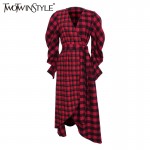 TWOTWINSTYLE 2017 Women Lace up Plaid Midi Wrap Dresses Sexy V Neck Long Puff Sleeve Asymmetrical Hem Female Clothes New