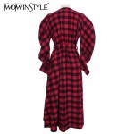 TWOTWINSTYLE 2017 Women Lace up Plaid Midi Wrap Dresses Sexy V Neck Long Puff Sleeve Asymmetrical Hem Female Clothes New