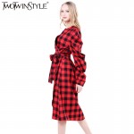 TWOTWINSTYLE 2017 Women Lace up Plaid Midi Wrap Dresses Sexy V Neck Long Puff Sleeve Asymmetrical Hem Female Clothes New