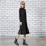 TWOTWINSTYLE 2017 Women Long Sleeves Knitted Midi Dresses Black Casual Mock Neck Velvet Ruffle Hem Female Retro Clothes Pink New