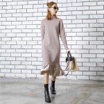 TWOTWINSTYLE 2017 Women Long Sleeves Knitted Midi Dresses Black Casual Mock Neck Velvet Ruffle Hem Female Retro Clothes Pink New