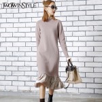 TWOTWINSTYLE 2017 Women Long Sleeves Knitted Midi Dresses Black Casual Mock Neck Velvet Ruffle Hem Female Retro Clothes Pink New