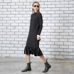 TWOTWINSTYLE 2017 Women Long Sleeves Knitted Midi Dresses Black Casual Mock Neck Velvet Ruffle Hem Female Retro Clothes Pink New