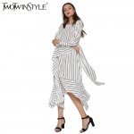 TWOTWINSTYLE 2017 Women Striped Lace up Midi Dresses Long Sleeve Flare Asymmetrical Vintage Female Tunic Clothes Korean Big Size