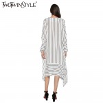 TWOTWINSTYLE 2017 Women Striped Lace up Midi Dresses Long Sleeve Flare Asymmetrical Vintage Female Tunic Clothes Korean Big Size