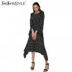 TWOTWINSTYLE 2017 Women Striped Lace up Midi Dresses Long Sleeve Flare Asymmetrical Vintage Female Tunic Clothes Korean Big Size