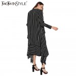 TWOTWINSTYLE 2017 Women Striped Lace up Midi Dresses Long Sleeve Flare Asymmetrical Vintage Female Tunic Clothes Korean Big Size