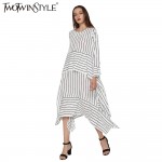 TWOTWINSTYLE 2017 Women Striped Lace up Midi Dresses Long Sleeve Flare Asymmetrical Vintage Female Tunic Clothes Korean Big Size