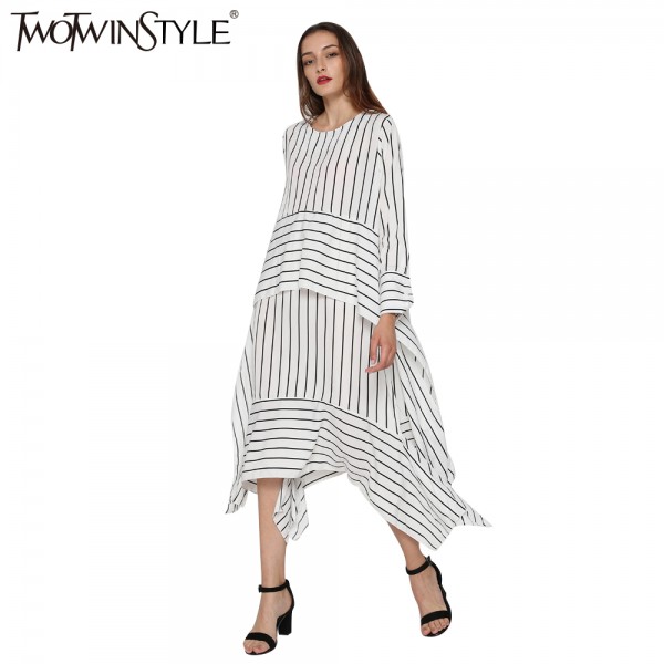 TWOTWINSTYLE 2017 Women Striped Lace up Midi Dresses Long Sleeve Flare Asymmetrical Vintage Female Tunic Clothes Korean Big Size