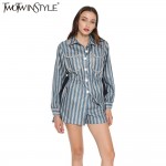 [TWOTWINSTYLE] Lantern Sleeve Striped Long Shirt Dress Spring 2017 Turn Down Collar Party Dresses Women New Fashion Clothing