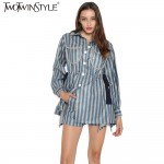 [TWOTWINSTYLE] Lantern Sleeve Striped Long Shirt Dress Spring 2017 Turn Down Collar Party Dresses Women New Fashion Clothing