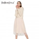 TWOTWINSTYLE Off Shoulder Sexy Dress Female Slash Neck Knitted Patchwork Tulle Party Dresses for Women Clothes Big Sizes