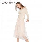 TWOTWINSTYLE Off Shoulder Sexy Dress Female Slash Neck Knitted Patchwork Tulle Party Dresses for Women Clothes Big Sizes