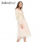 TWOTWINSTYLE Off Shoulder Sexy Dress Female Slash Neck Knitted Patchwork Tulle Party Dresses for Women Clothes Big Sizes