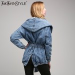 [TWOTWINSTYLE] Spring Lace Up Hooded Windbreaker Women Jean Denim Basic Coats Female Jacket for Women Long Sleeves Cardigan New