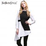 TWOTWINSTYLE Women Two Piece Set Dress Long Sleeve Asymmetrical Shirt Dresses with Lace up Vest Female Suit Casual Clothes 2018