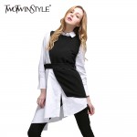 TWOTWINSTYLE Women Two Piece Set Dress Long Sleeve Asymmetrical Shirt Dresses with Lace up Vest Female Suit Casual Clothes 2018