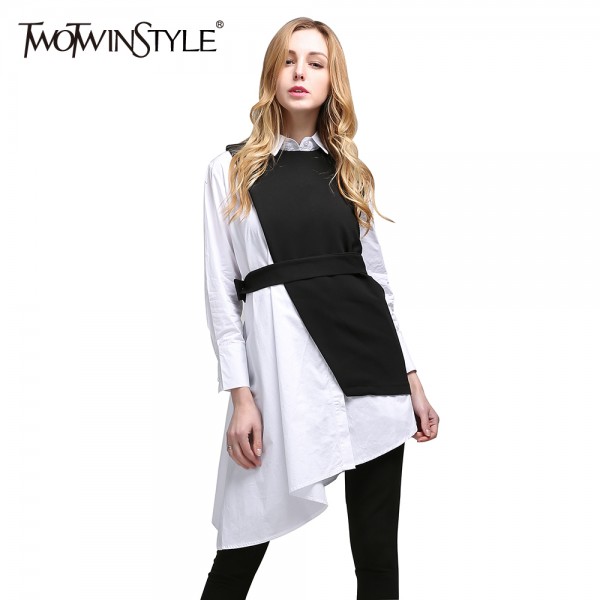 TWOTWINSTYLE Women Two Piece Set Dress Long Sleeve Asymmetrical Shirt Dresses with Lace up Vest Female Suit Casual Clothes 2018