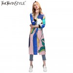 TWOTWINSTYLE Women's Windbreaker Printed Midi Bomber Trench Coat Female Spring Autumn Cardigan Long Sleeve Clothes Large Sizes