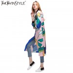 TWOTWINSTYLE Women's Windbreaker Printed Midi Bomber Trench Coat Female Spring Autumn Cardigan Long Sleeve Clothes Large Sizes