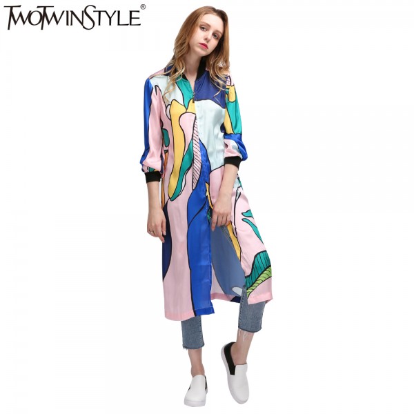 TWOTWINSTYLE Women's Windbreaker Printed Midi Bomber Trench Coat Female Spring Autumn Cardigan Long Sleeve Clothes Large Sizes