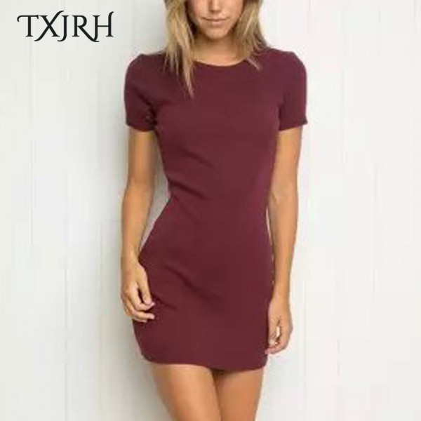 TXJRH Sexy AA Brandy Style Thread High Elastic Slim Sheath Mini Knitting Dress Trendy Women Short Sleeve O-Neck Pullover 6 Color