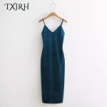 TXJRH Sexy Velvet Deep V-Neck Backless Spaghetti Strap Base Slim Sheath Packege Hips Side Slit Long Dress Vintage Women 8 Colors