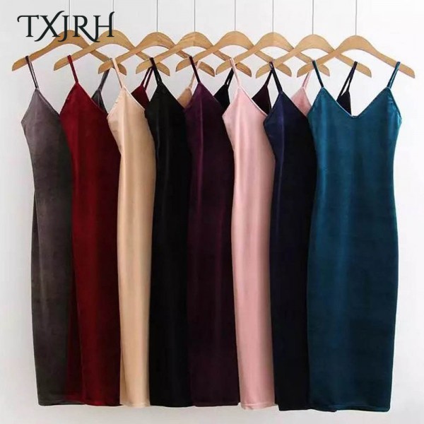 TXJRH Sexy Velvet Deep V-Neck Backless Spaghetti Strap Base Slim Sheath Packege Hips Side Slit Long Dress Vintage Women 8 Colors