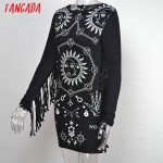 Tangada European Fashion 2017 Spring women sexy moon sun print tassel Long sleeve black Sheath Dress stretch fit causal brand