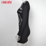 Tangada European Fashion 2017 Spring women sexy moon sun print tassel Long sleeve black Sheath Dress stretch fit causal brand