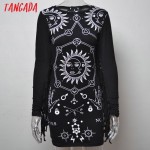 Tangada European Fashion 2017 Spring women sexy moon sun print tassel Long sleeve black Sheath Dress stretch fit causal brand