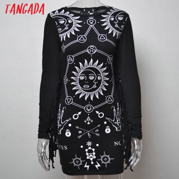 Tangada European Fashion 2017 Spring women sexy moon sun print tassel Long sleeve black Sheath Dress stretch fit causal brand