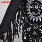 Tangada European Fashion 2017 Spring women sexy moon sun print tassel Long sleeve black Sheath Dress stretch fit causal brand