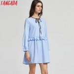 Tangada European Fashion Women Ruffles Sky Blue Mini Dress Bow Tie O-Neck Butterfly Sleeve Cozy Casual Brand Vestidos XZH109