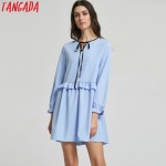 Tangada European Fashion Women Ruffles Sky Blue Mini Dress Bow Tie O-Neck Butterfly Sleeve Cozy Casual Brand Vestidos XZH109