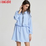 Tangada European Fashion Women Ruffles Sky Blue Mini Dress Bow Tie O-Neck Butterfly Sleeve Cozy Casual Brand Vestidos XZH109