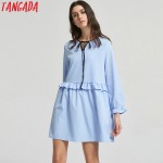 Tangada European Fashion Women Ruffles Sky Blue Mini Dress Bow Tie O-Neck Butterfly Sleeve Cozy Casual Brand Vestidos XZH109