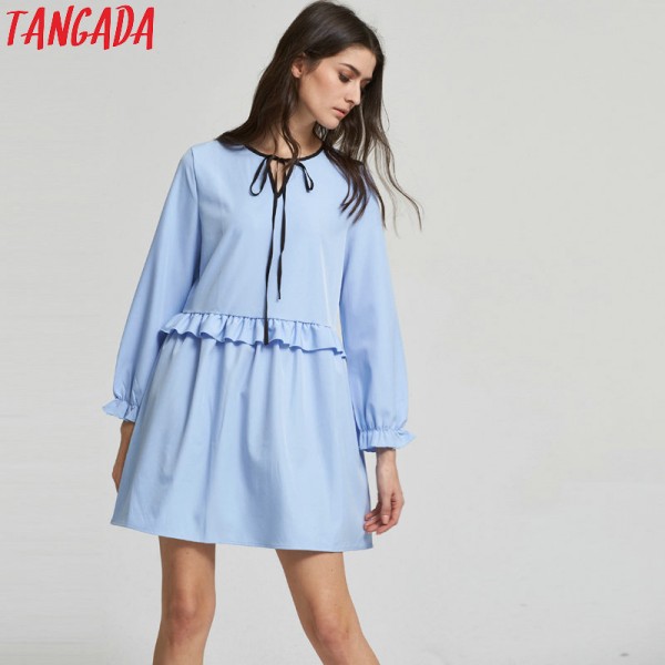 Tangada European Fashion Women Ruffles Sky Blue Mini Dress Bow Tie O-Neck Butterfly Sleeve Cozy Casual Brand Vestidos XZH109