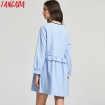 Tangada European Fashion Women Ruffles Sky Blue Mini Dress Bow Tie O-Neck Butterfly Sleeve Cozy Casual Brand Vestidos XZH109